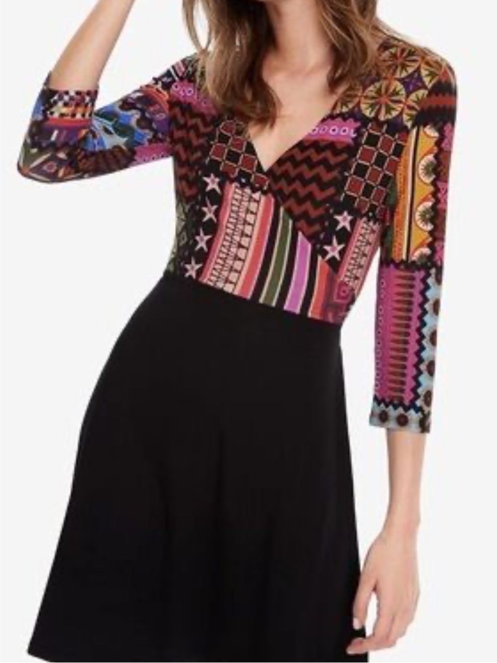 Desigual "Jill" Multicolor Patchwork Faux Wrap A-Line Dress - Size M